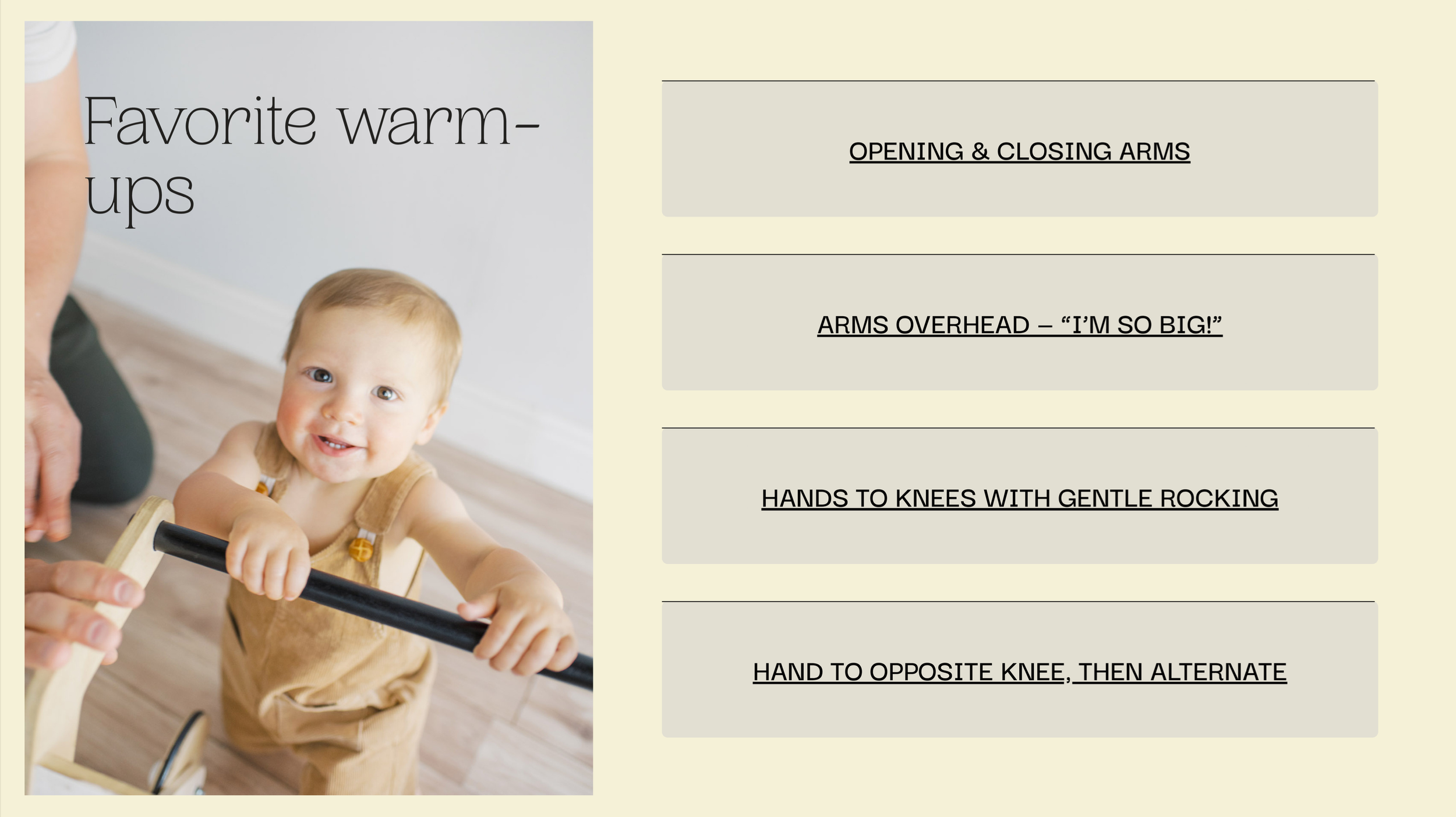Promote infant motor readiness with warm-up routines including arm opening, overhead stretches, hands-to-knees rocking, and opposite-hand-to-knee tapping — perfect for childcare and early learning settings.