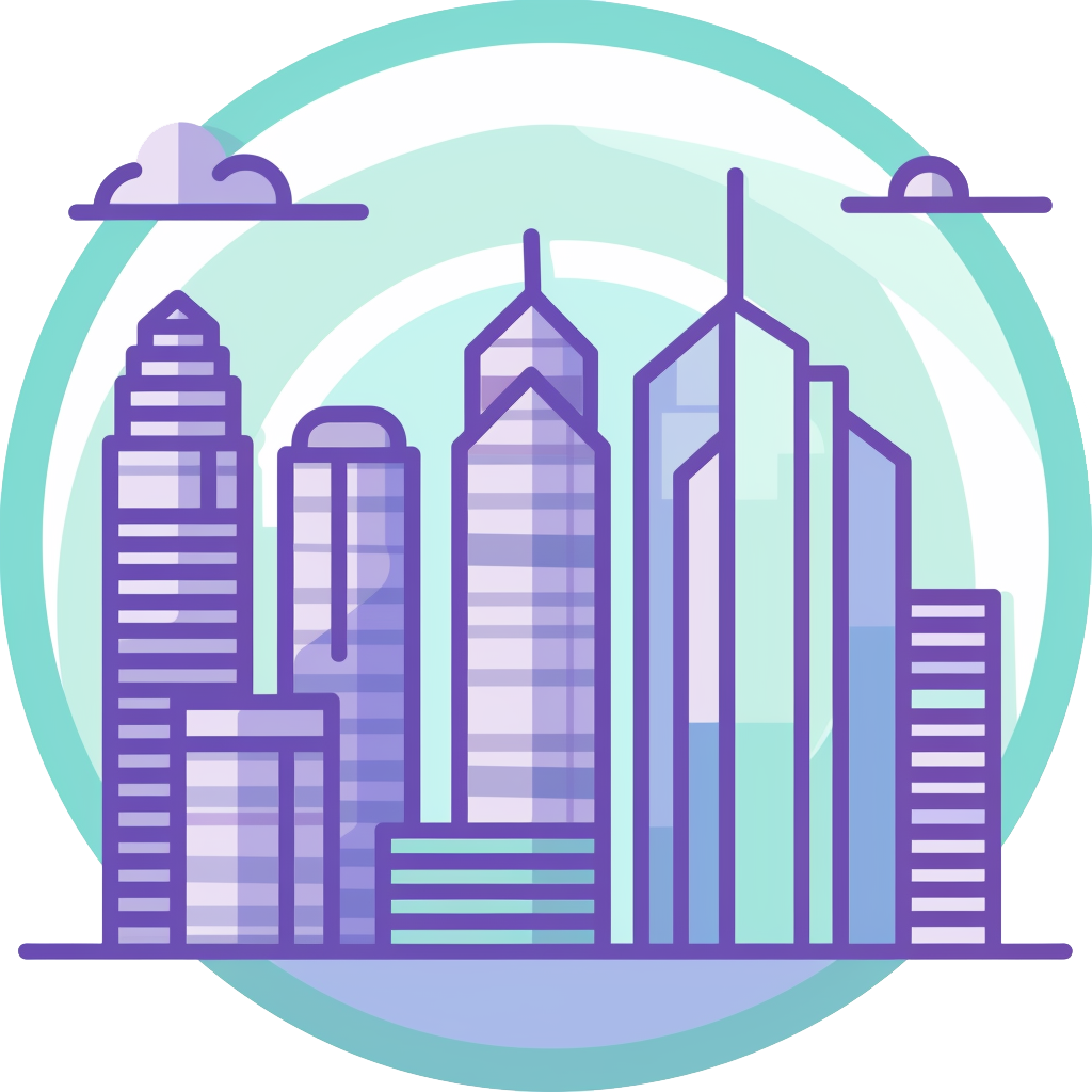 Abstract illustration of Charlotte, NC skyline with tall buildings in purple and teal
