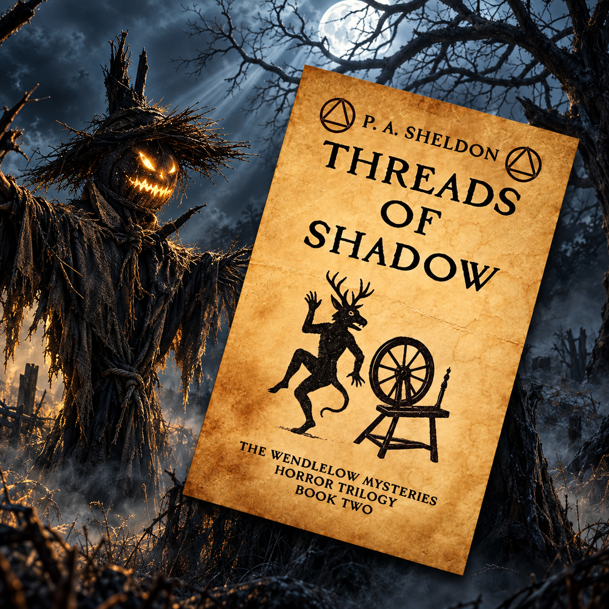 "Threads of Shadow" by P. A. Sheldon, book 2 of the Wendlelow Mysteries Horror Trilogy.