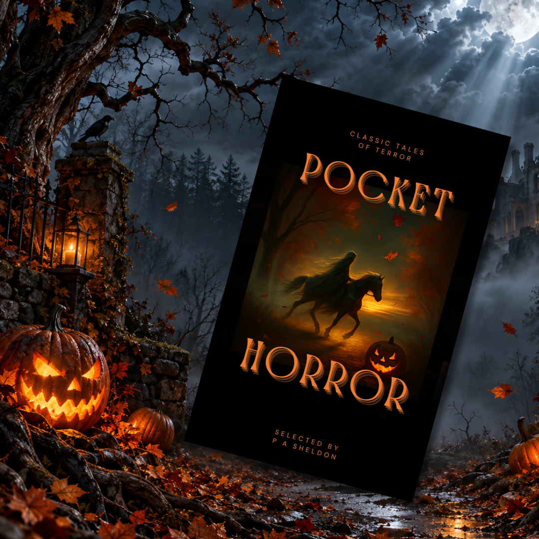 Book cover titled "Pocket Horror" featuring a horse running through a dark, eerie forest with orange and red leaves, a glowing pumpkin, and a misty, ominous background.