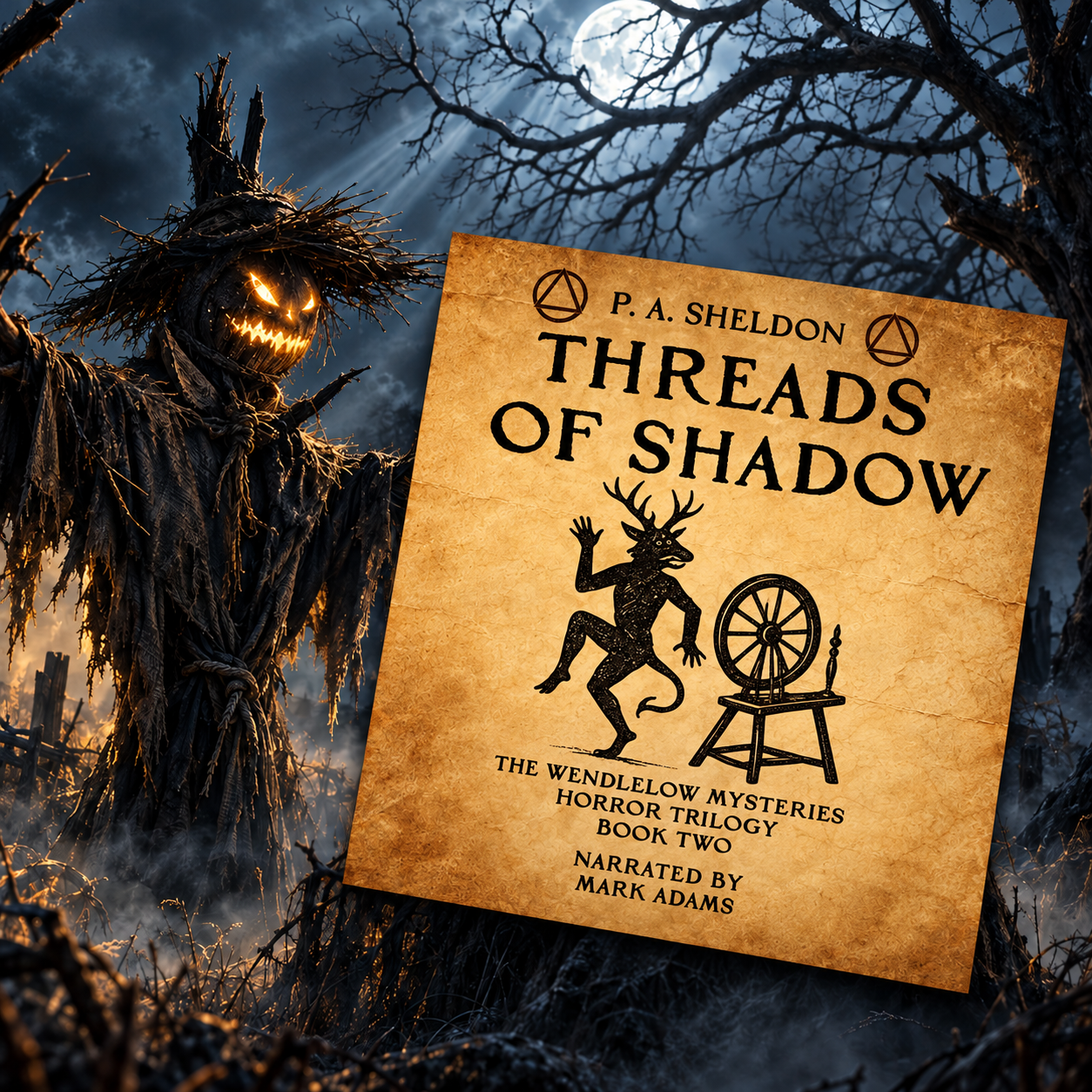 "Threads of Shadow" by P. A. Sheldon, book 2 of the Wendlelow Mysteries Horror Trilogy.