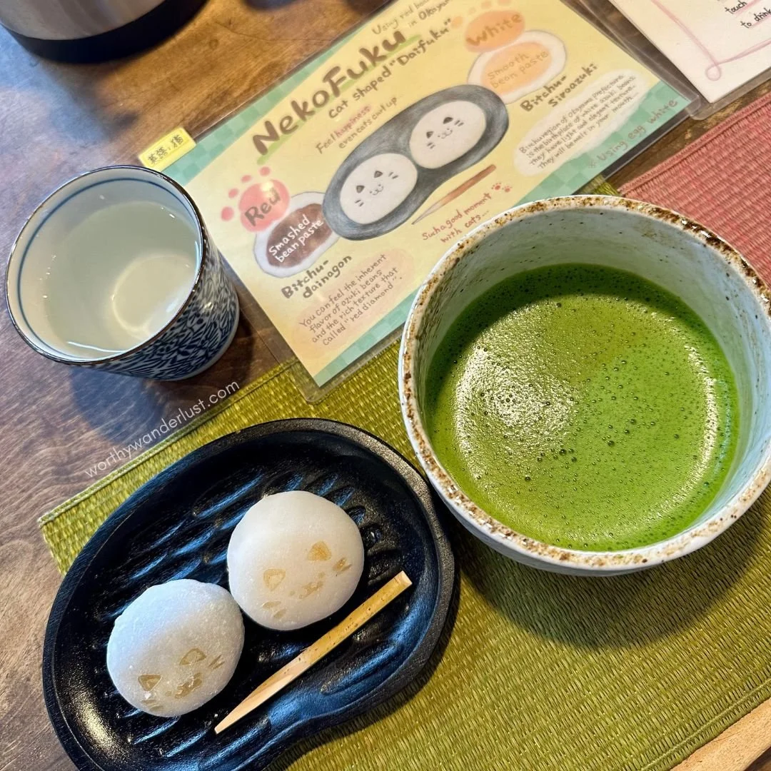 Cat-themed mochi with matcha in Yuurin-an, Kurashiki