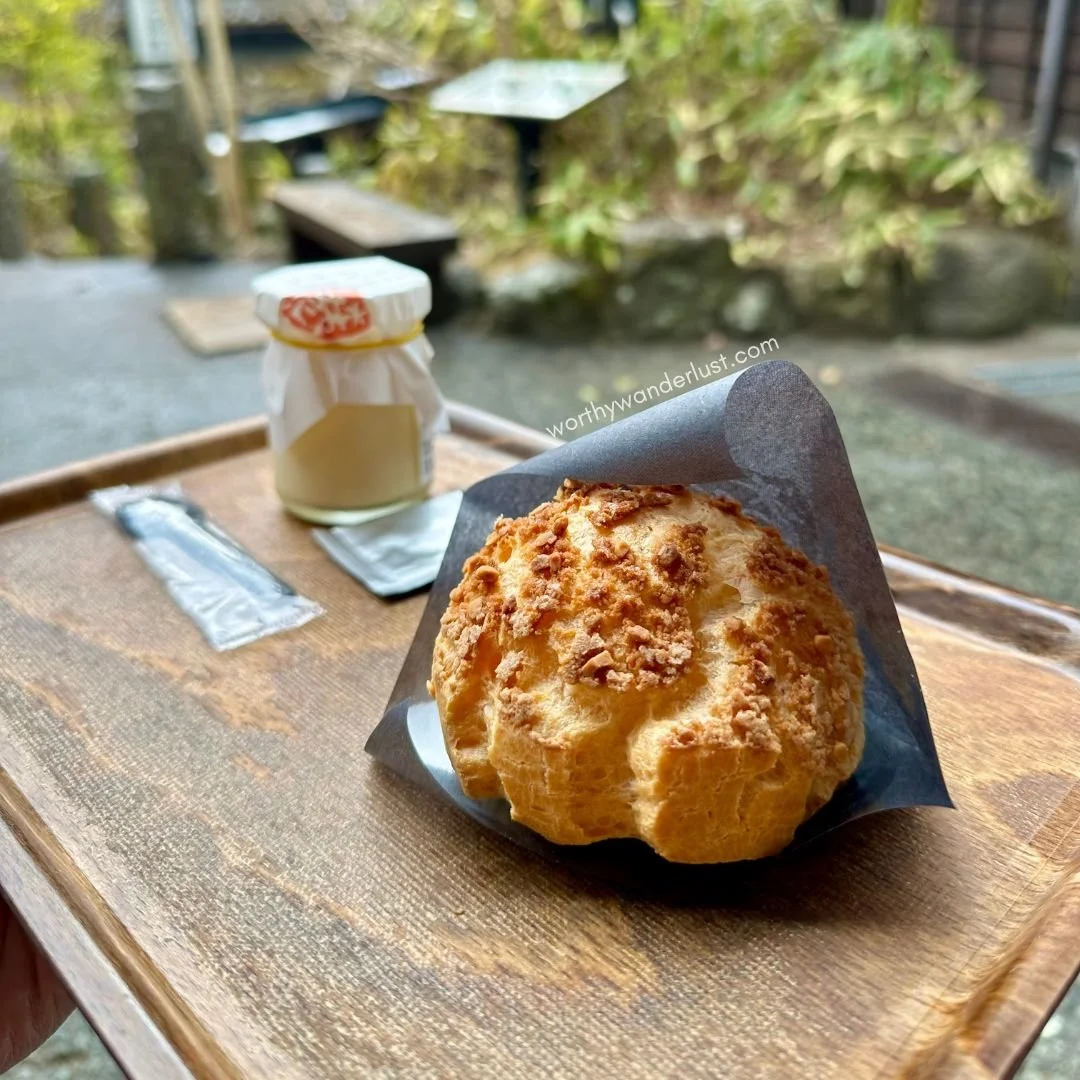 Cream puff and milk pudding at Patisserie Roku, Kurokawa ONsen