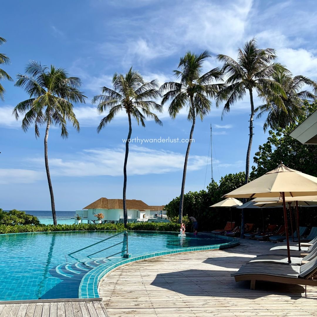 Machchafushi resort Club pool and lounge area, with blue skies and palm trees in the background.