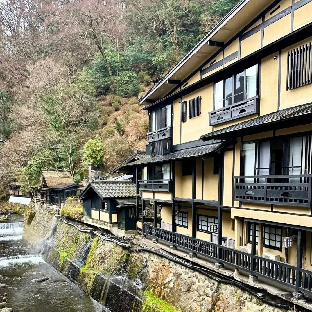 Traditional Japanese housing with forest surrounds and a canal