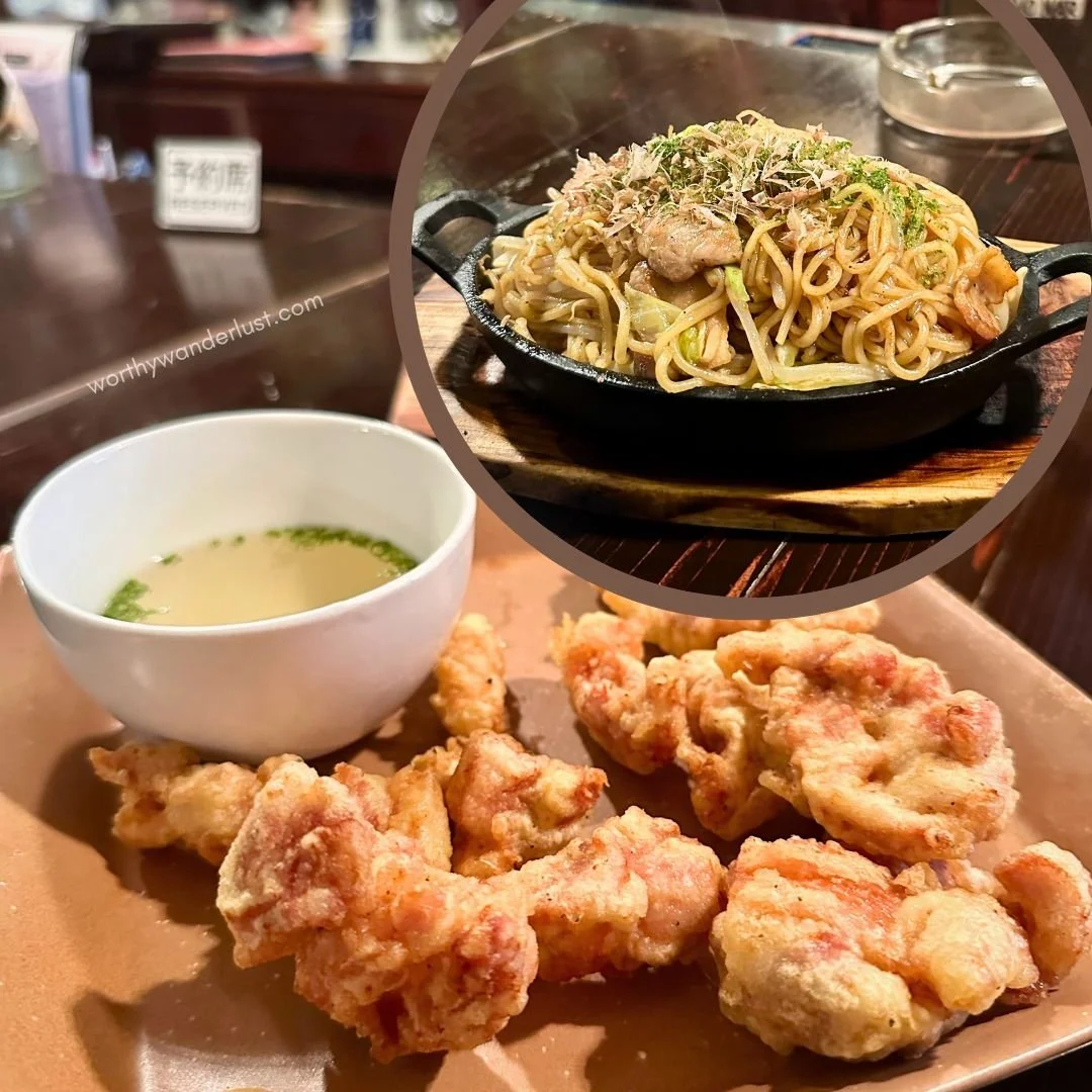 Stir-fried ramen and fried chicken tempura at Izakaya Iroriya Kurokawa Onsen