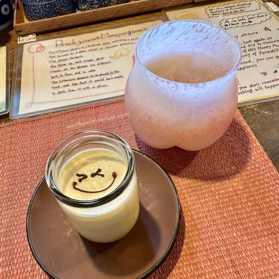 Happy pudding and peach juice in a peach glass in Yuurin-an Kurashiki