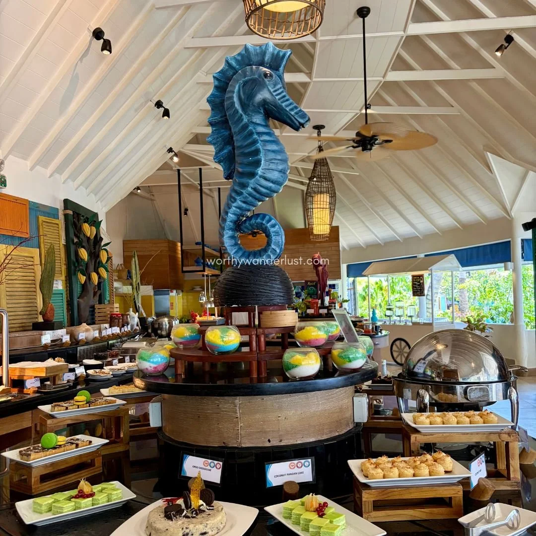 Buffet spread (with desserts at the front) at Reef Restaurant at Machchafushi Centara Resort