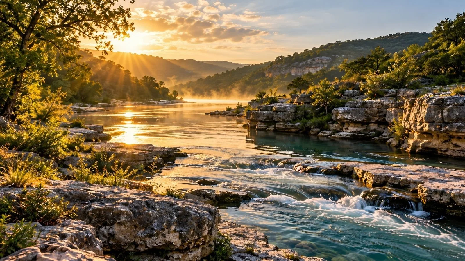 Sunlight crossing a flowing river between limestone banks, representing connection between higher intelligence and physical human experience.