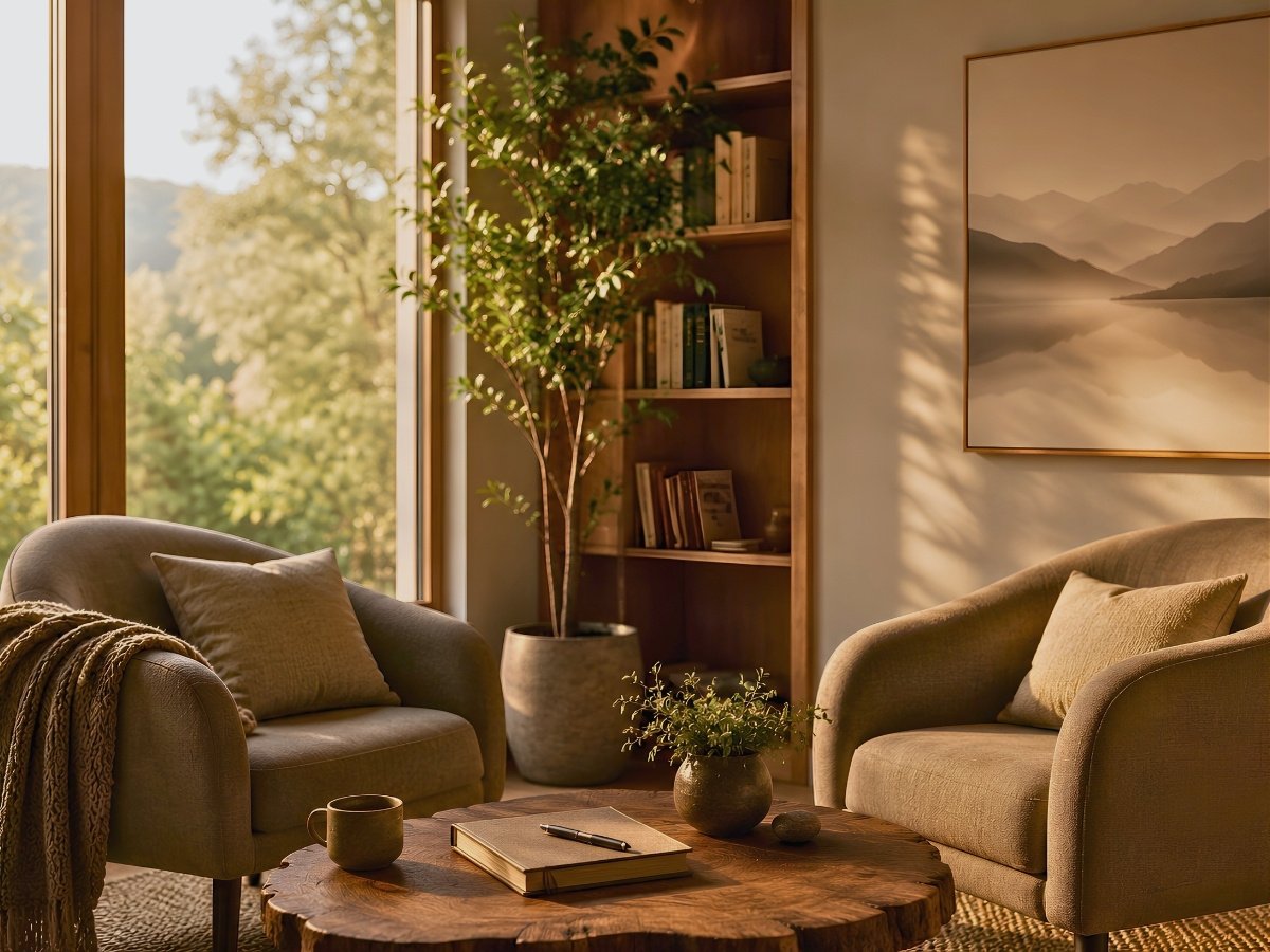 Two inviting chairs in a peaceful setting representing relationships, reflection, and connection in the One Nines Framework.