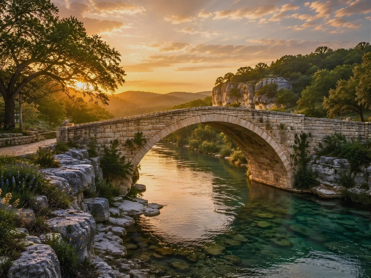 Timeless limestone bridge over clear spring-fed water representing intentional creation and enduring progress in the One Nines Framework.