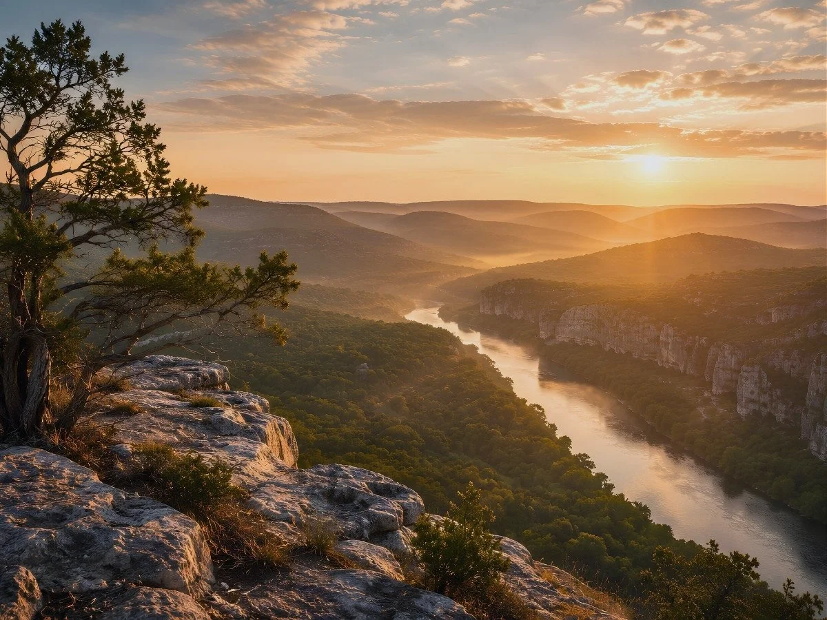Scenic limestone overlook above a winding river representing perspective and recognition in the One Nines Framework.