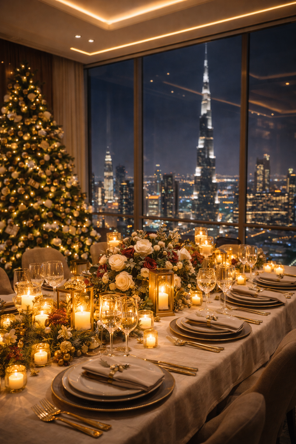 Luxurious Christmas dinner with Burj Khalifa view.png