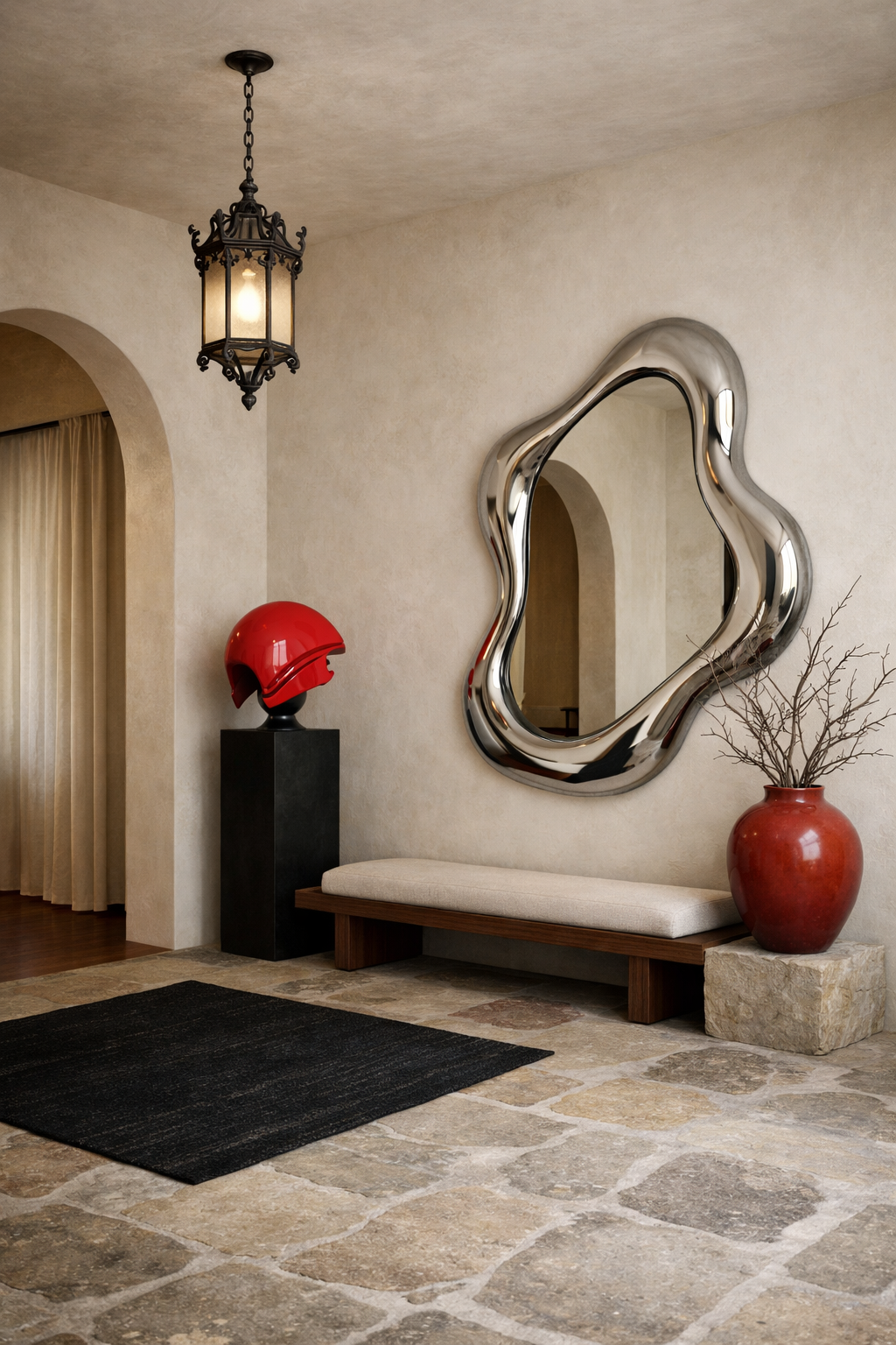 Interior with a beige textured wall, a black pendant light, a large metal mirror, a bench with cream cushion, red helmet sculpture, large red vase with branches, and a black rug on stone tile flooring.