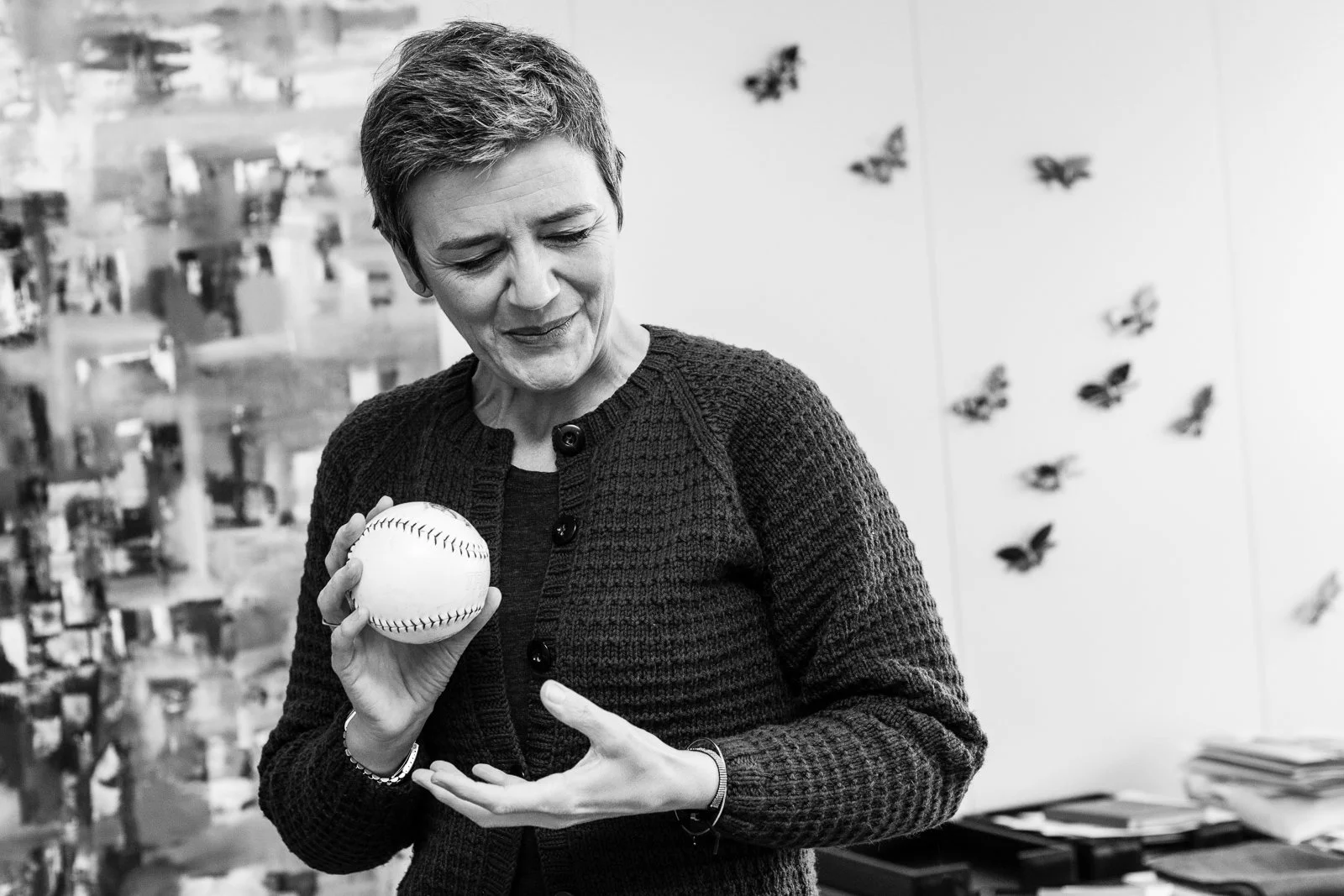 Black and White Portrait photography of  Brussels EU politicians Magarethe Vestager holding a baseball