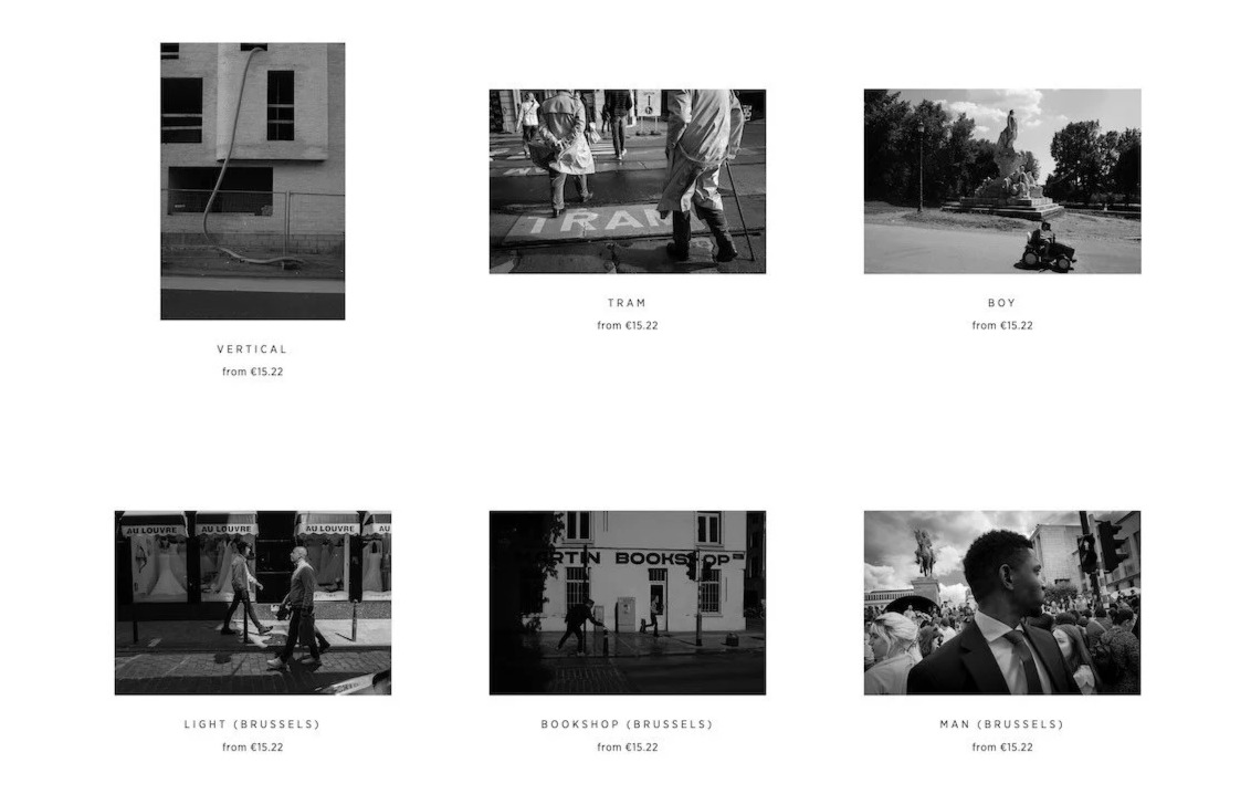 Grid of six black and white photographs of street scenes in Brussels, including people crossing the street, a bike, a man in a suit, and shop windows, with captions of store names and prices.