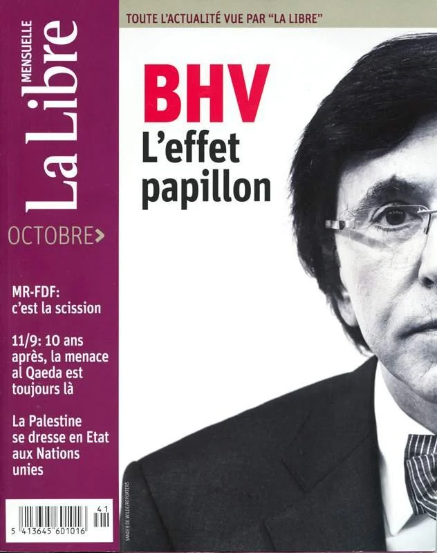 Cover of La Libre magazine with a partial monochrome portrait of a man in a suit, featuring headlines related to BHV, political issues, and international topics.
