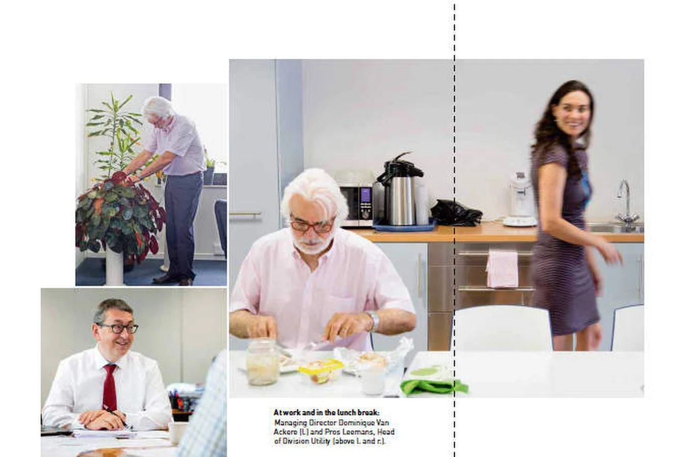 Un collage montrant un homme s'occupant d'une plante, un autre homme dans un bureau et une femme dans une cuisine de bureau.