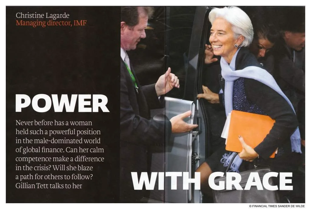 Magazine cover featuring a woman described as a managing director of the IMF, smiling and exiting a car with a folder in hand. The text reads: 'Power with Grace,' discussing a woman's influence in global finance. A man assists her.