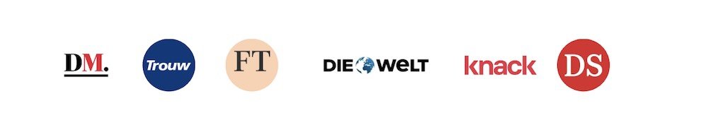 Logos of clients lke De Morgen, Trouw, Financial Times, Die Welt, Knack and De Standaard