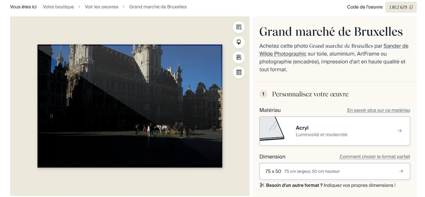 overview of a webpage where you can buy prints of the Big Square in Brussels