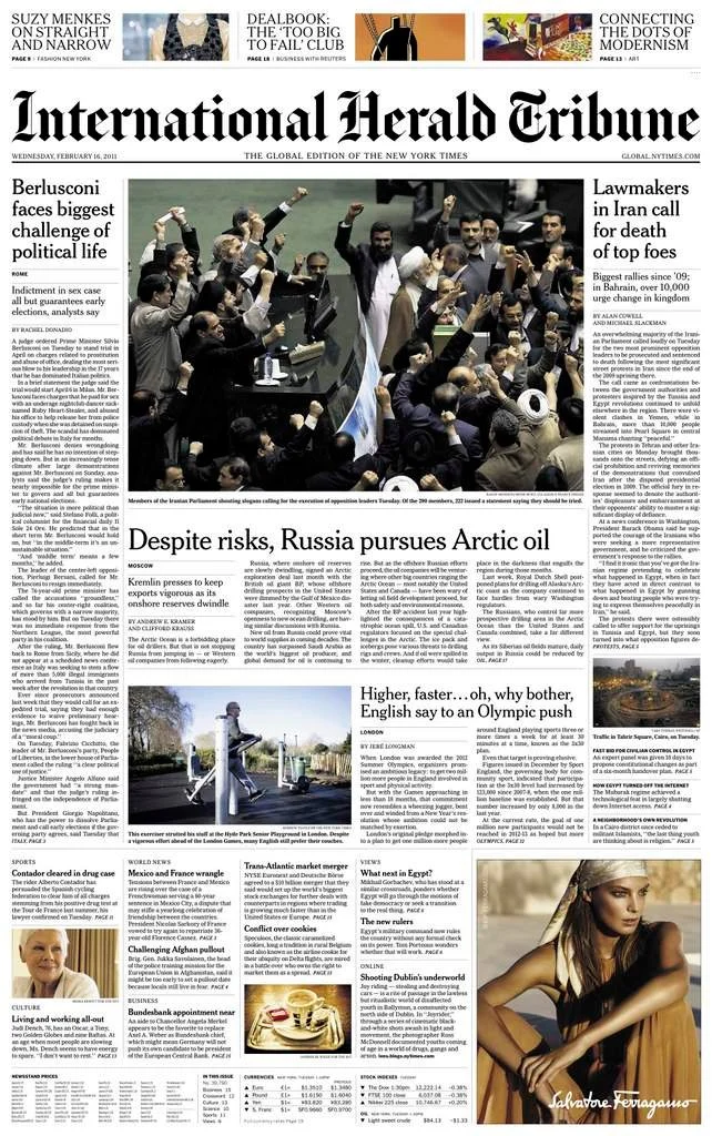 Première page de l'International Herald Tribune, 16 février 2011, avec des articles sur les défis politiques de Berlusconi, les législateurs iraniens, les activités pétrolières de la Russie dans l'Arctique et l'attitude des Anglais à l'égard des Jeux olympiques. Inclut plusieurs petites nouvelles.