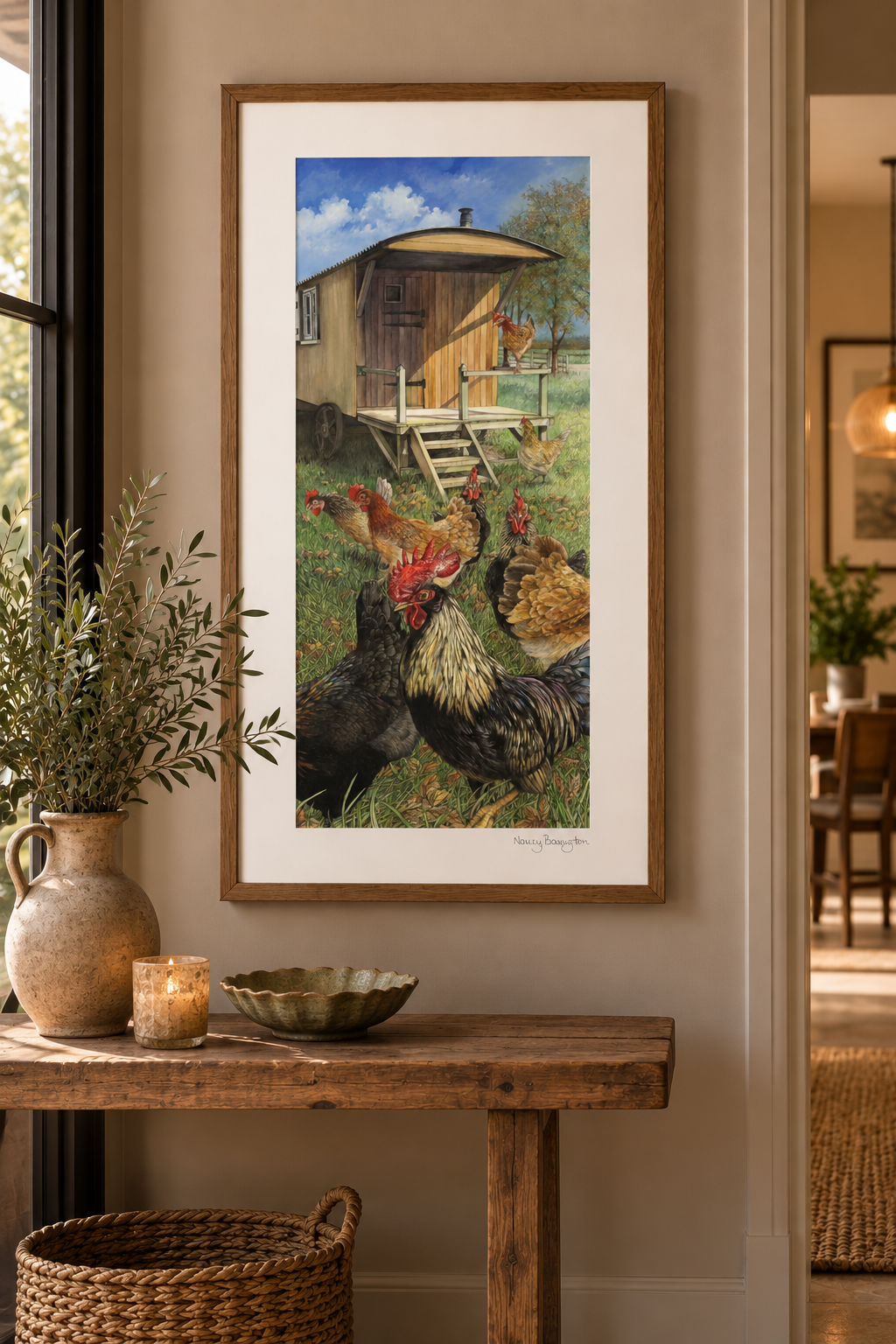 Nellie the Shepherds Hut with Chickens on Wall.png
