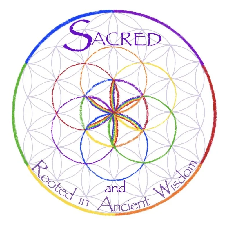 Logo for Sacred and RAW Practices, LLC with rainbow colored 'flower of life' sacred geometry with embedded 'tree of life' and the words 'Sacred and Rooted in Ancient Wisdom' written around the border.