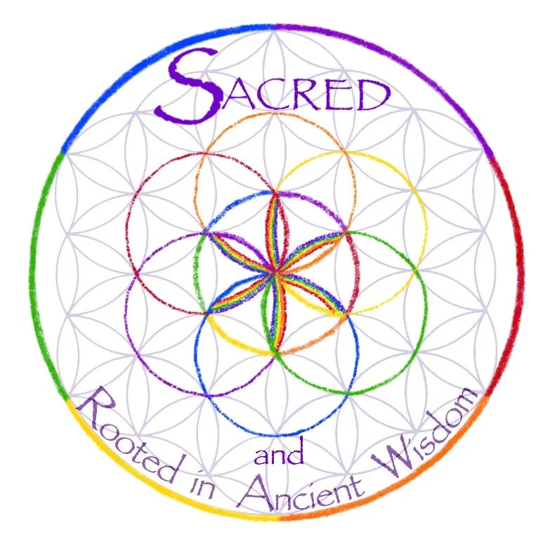 Logo for Sacred and RAW Practices, LLC with rainbow colored 'flower of life' sacred geometry with embedded 'tree of life' and the words 'Sacred and Rooted in Ancient Wisdom' written around the border.