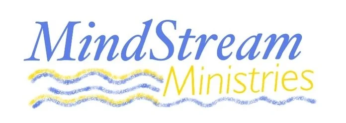 Logo of MindStream Ministries with blue and yellow wavy lines.