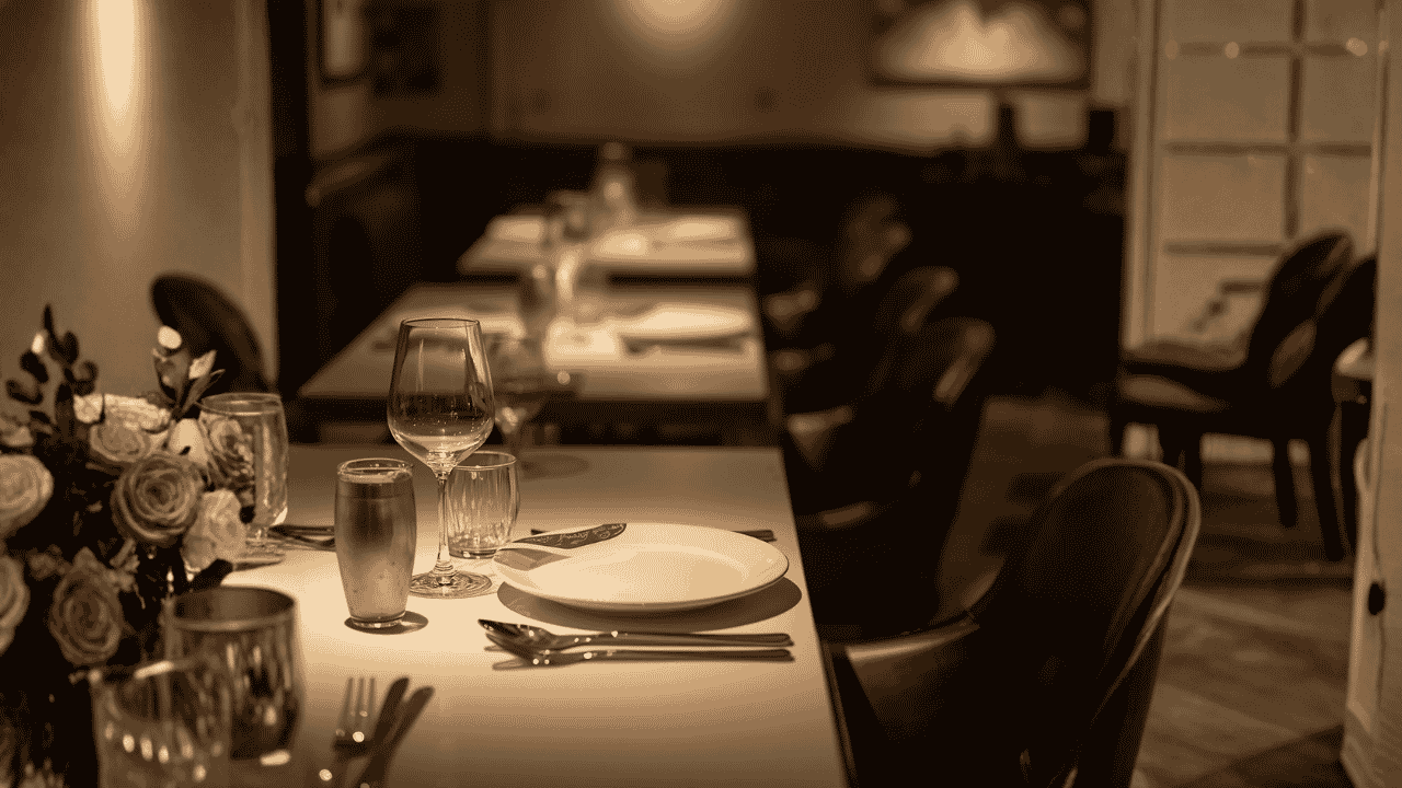 A single place setting at a long restaurant table, slightly off-center, with the rest of the table blurred and a wine glass or two suggesting other diners.