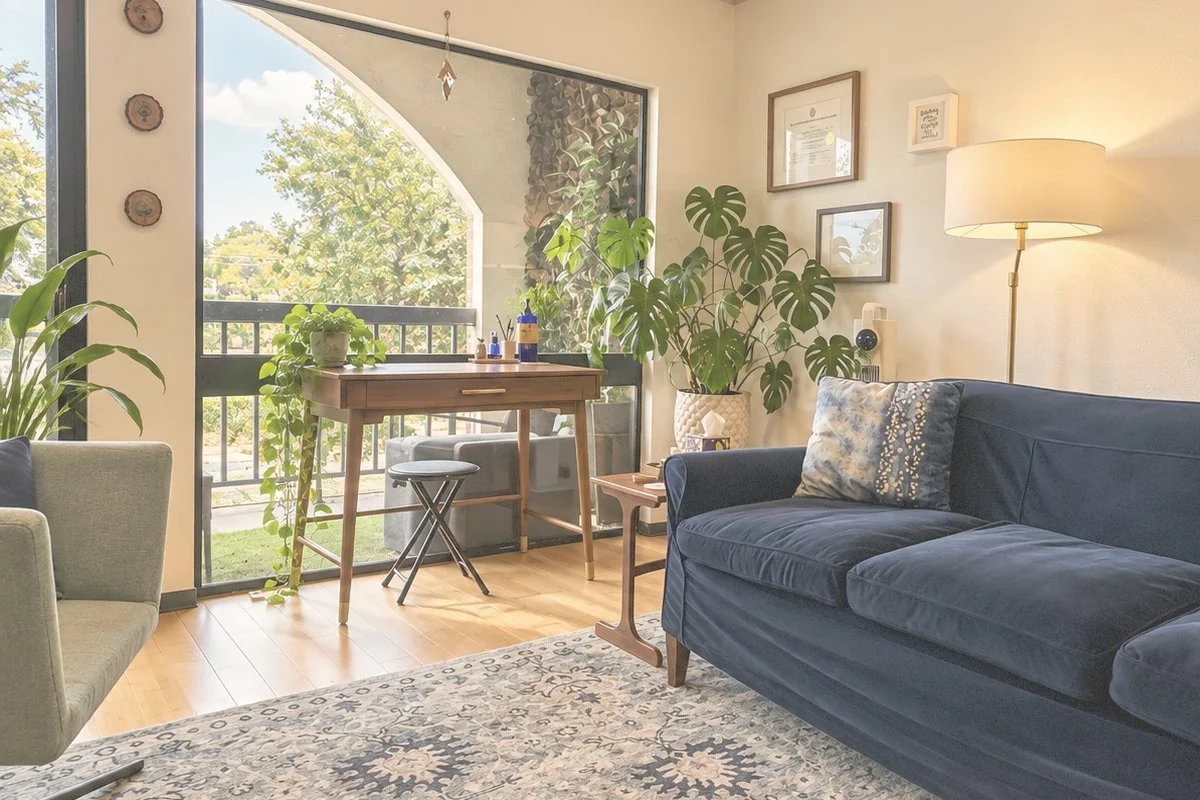 The Khan RD counseling room near Hyde Park: a writing desk by an arched balcony window, with a navy sofa and a monstera plant.