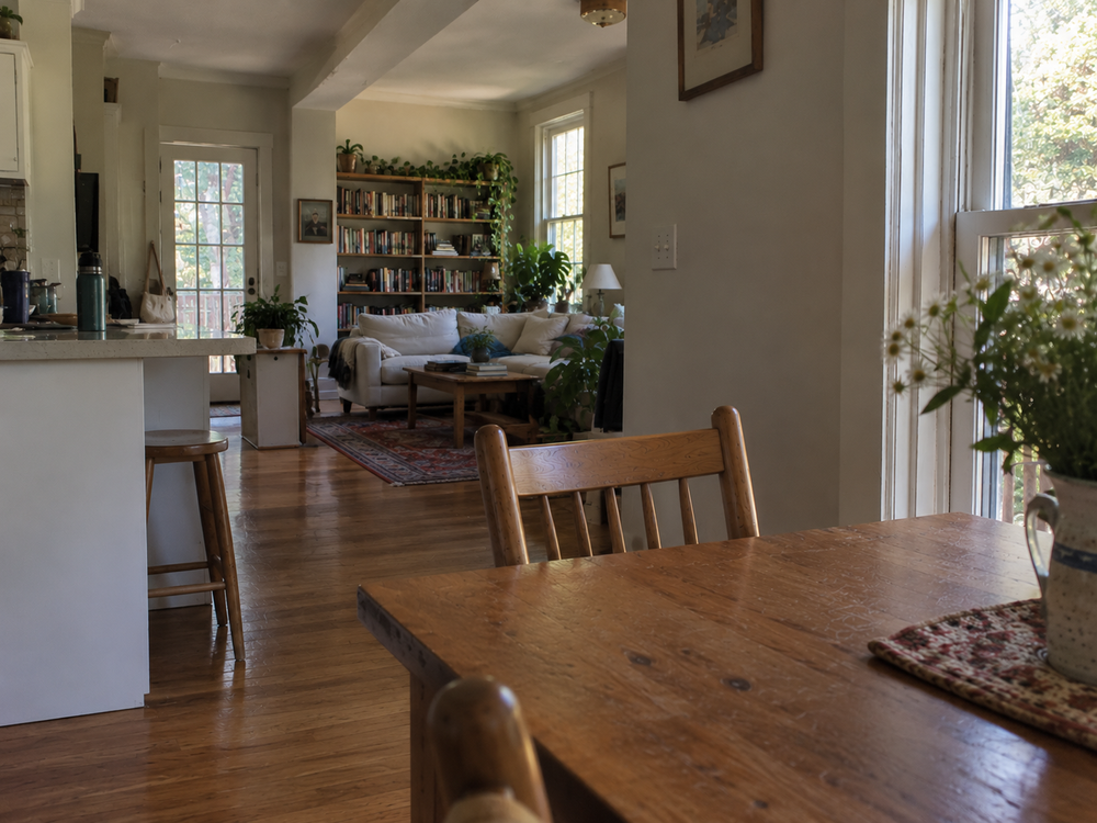 A bright open kitchen and living room, with a bookshelf, a sofa and a wooden chair at a table beside a sunny window and a vase of daisies.