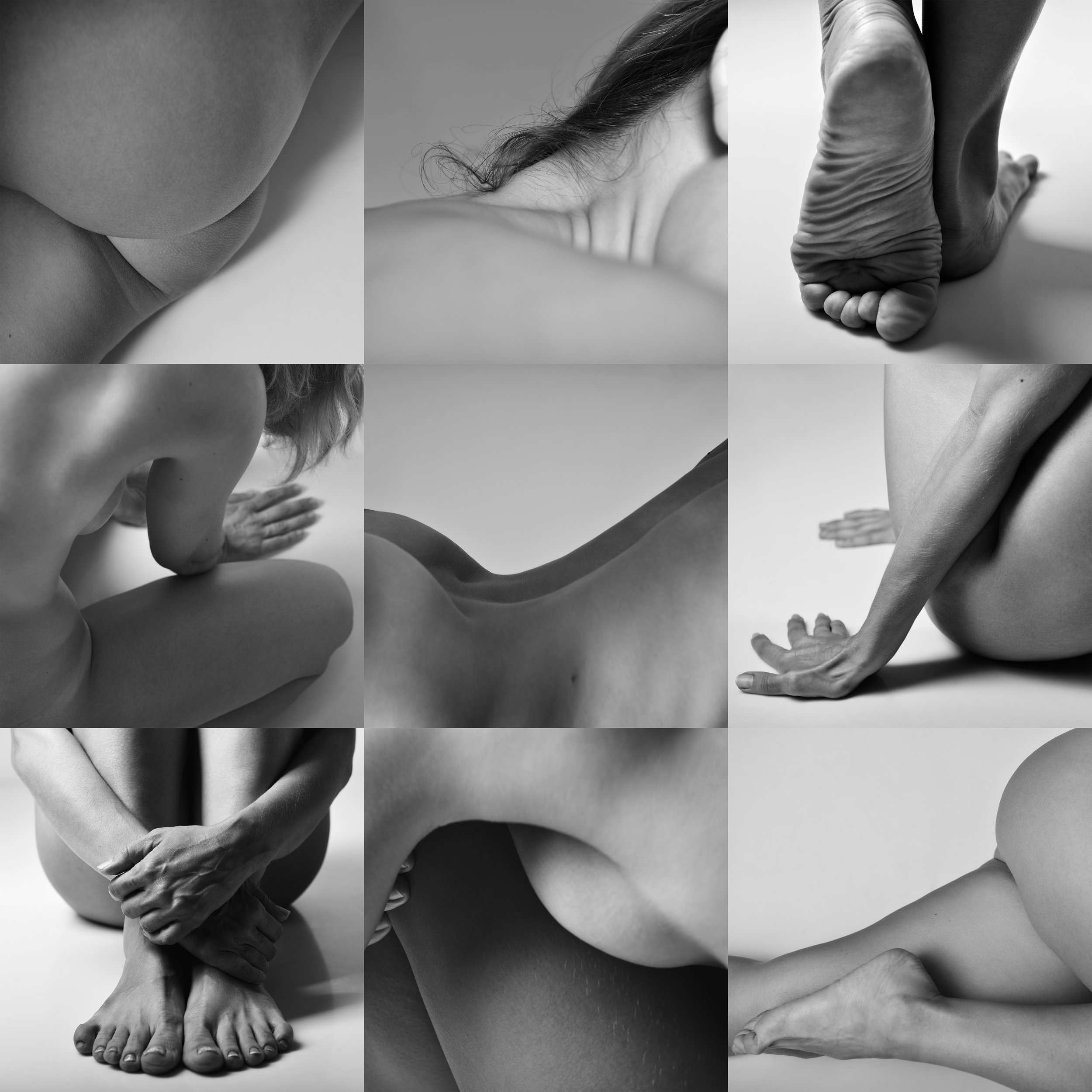 Collage of nine black-and-white photos of various human body parts, including close-ups of hands, feet, legs, and torsos, emphasizing form and posture in artistic poses.