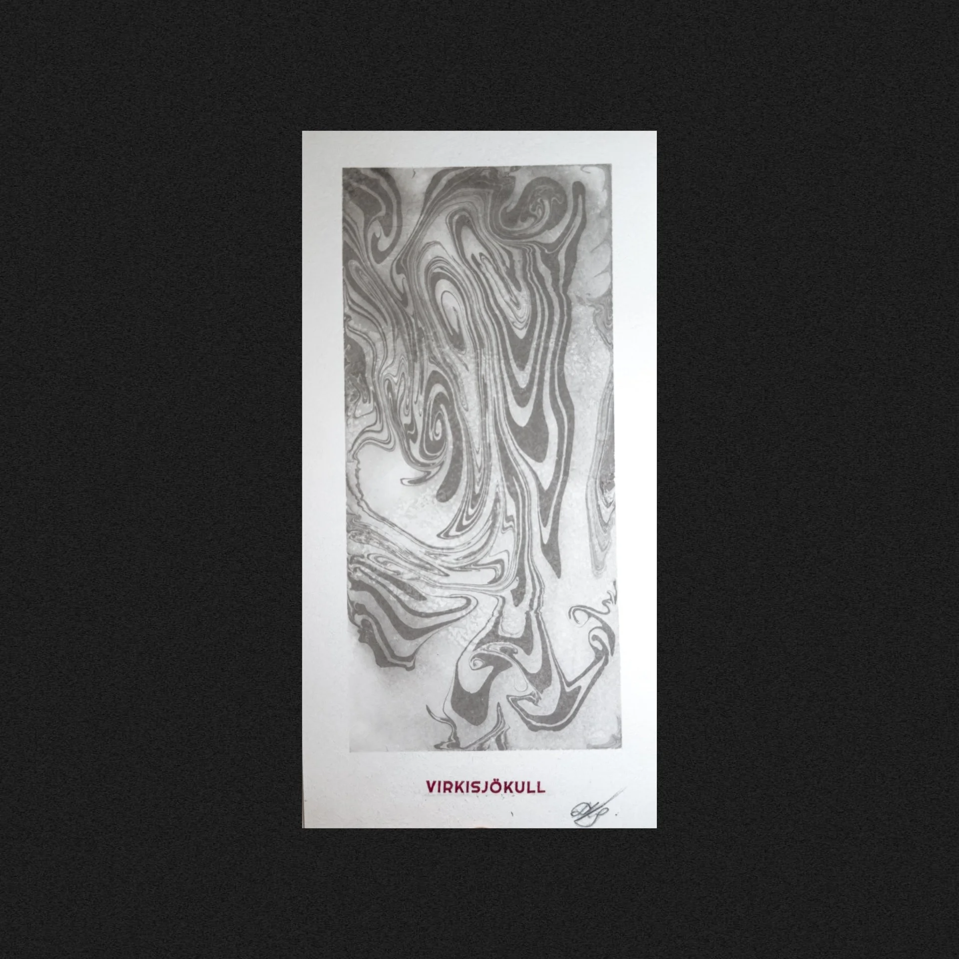 A black and white marbled map of the Víðgelmir lava cave in Iceland with the title "VIRKISJÖKULL" written in red at the bottom.