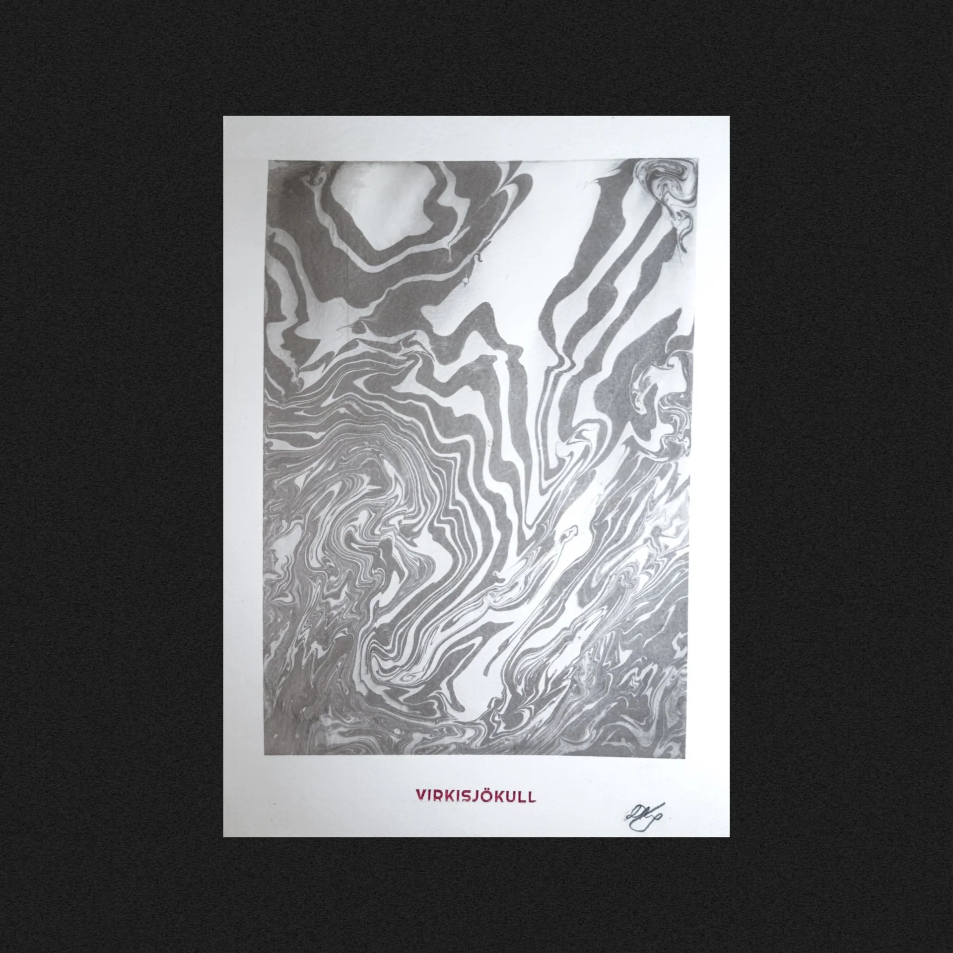 A black and white abstract marbled artwork with swirling patterns, labeled "VIRKISJØKULL" at the bottom, enclosed in a white border on a dark background.