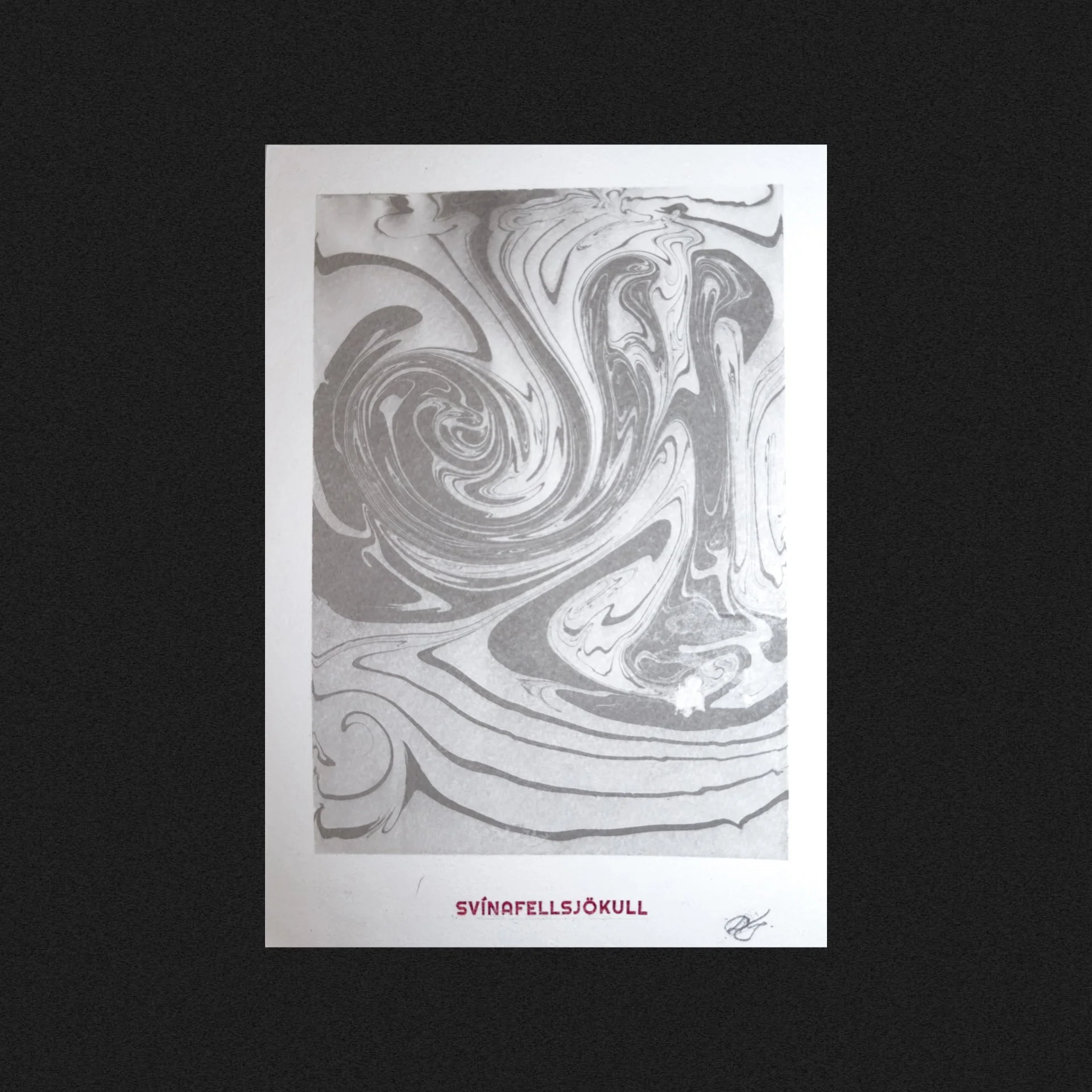 Black-and-white abstract map of Iceland's Svinafell Glacier area with swirling patterns and the word "SVÍNAFELLSJÖKULL" written in red at the bottom.