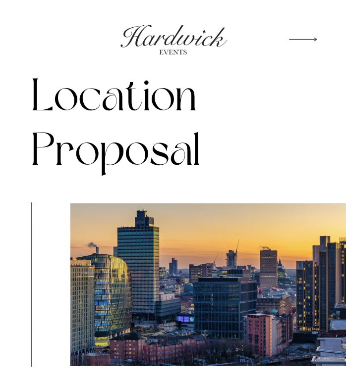 Proposal document titled 'Hardwick Events Location Proposal' with a city skyline at sunset.