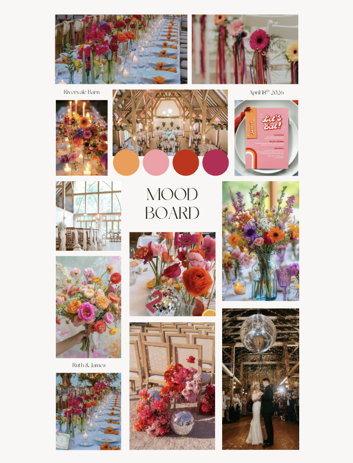A collage of wedding decor and event details, including floral arrangements, a decorated reception hall, table settings, a mood board with color swatches in pinks, reds, and oranges, an invitation that says "Let's Eat!", and a couple dancing under a 