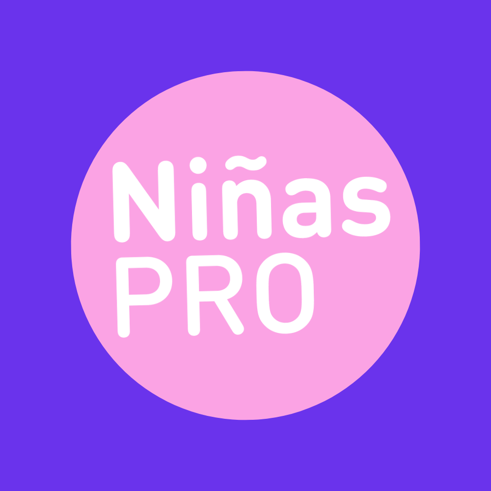 Texto en una imagen que dice 'Niñas PRO' en letras blancas sobre un fondo rosa dentro de un círculo, con un fondo azul y morado.