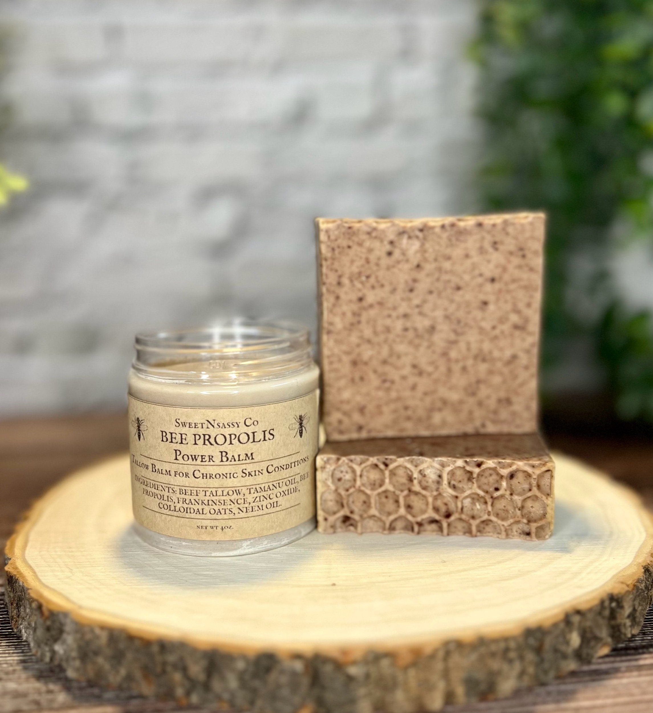 A jar of Bee Propolis Power Balm for troubled skin. SweetNsassy Co uses the best ingredients to support troubled skin