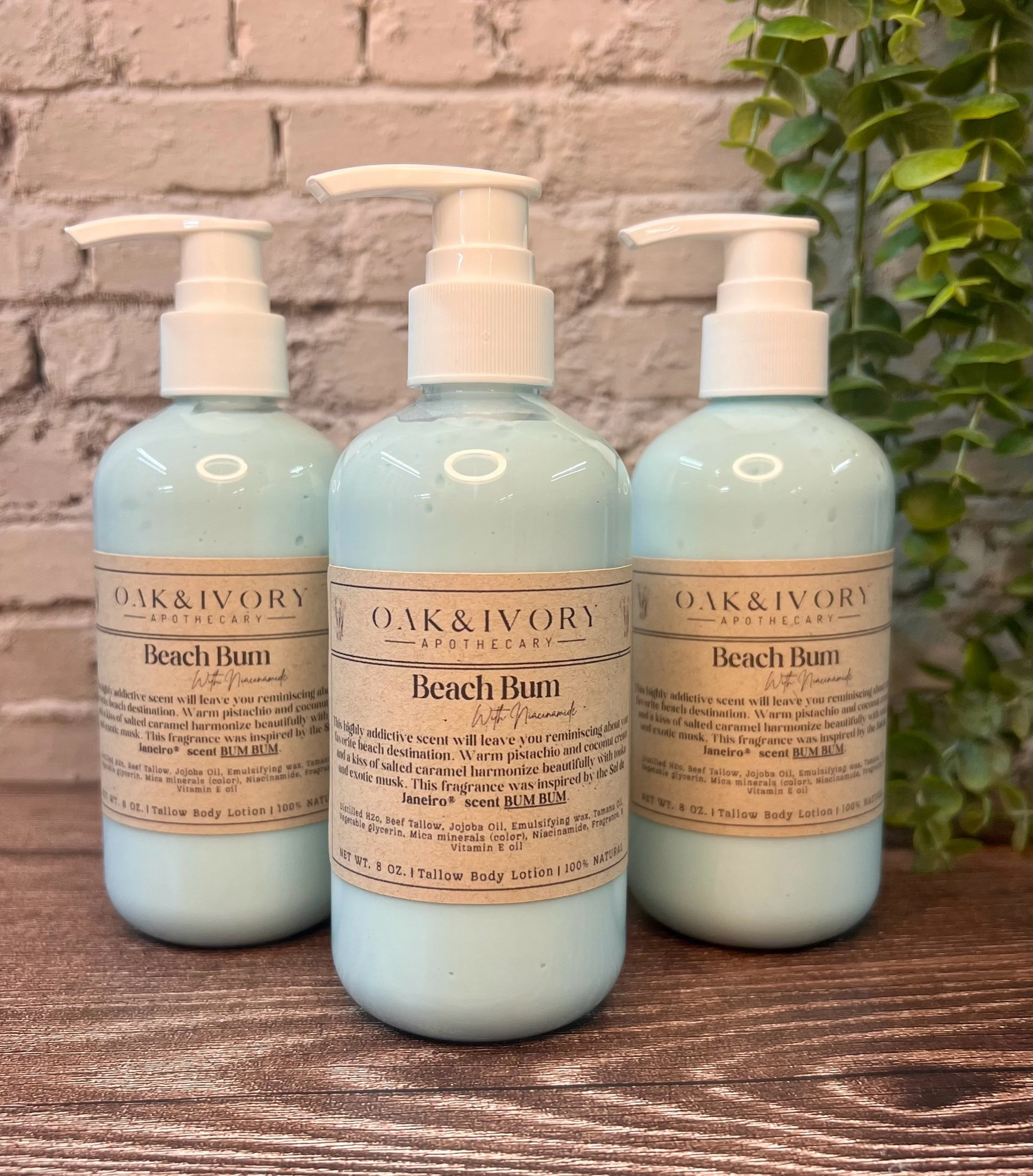 Three bottles of grass-fed tallow body lotion with niacinamide. Scented with Oak & Ivory Apothecary's Beach Bum scent inspired by the iconic Sol De Janiero's Bum Bum.