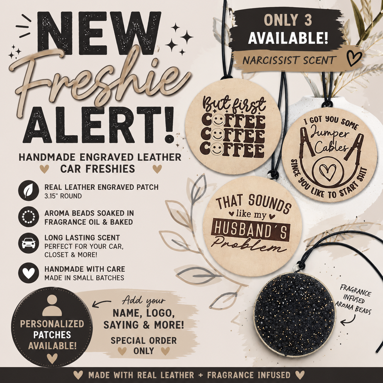 Personalized Engraved Leather Car Freshie | Handmade Aroma Bead Air Freshener