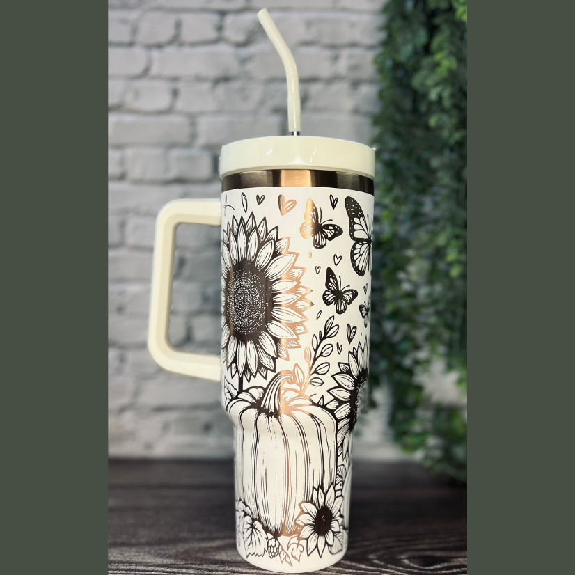 Personalized insulated stainless steel tumblers complete with lid and straws. Custom made with names, images, with half or full wraps.