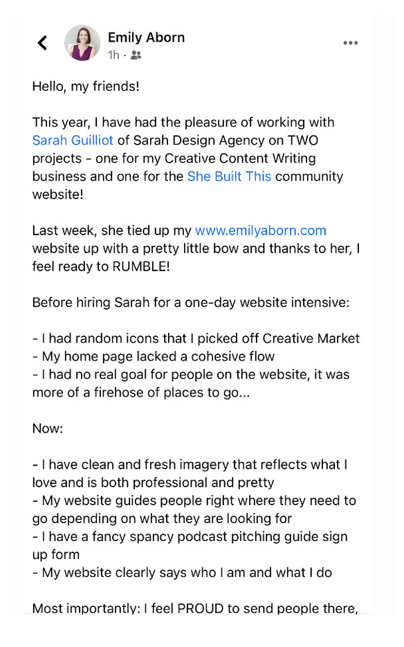 Testimony from Emily Aborn about how Sarah's work on her two websites made her proud to send traffic there