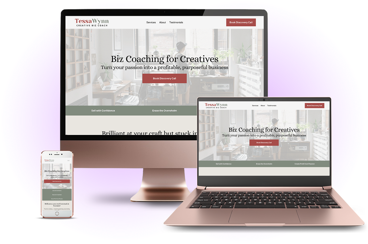 A website displayed on a desktop monitor, a laptop, and a smartphone showing the same business coaching homepage titled 'Biz Coaching for Creatives', with a background image of a bright, modern office featuring a person working at a desk. The website has navigation links, a red 'Book Discovery Call' button, and a slogan about turning passion into a profitable business.