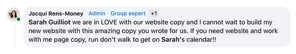 Testimony from Jacqui Money on how much she and her husband/business partner love the website copy Sarah wrote for them.