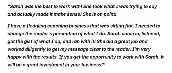 Testimony from Coach Brad Staplin about how he was a fledgling coach and Sarah helped him get a website and messaging together that he's happy with and she's a great investment.