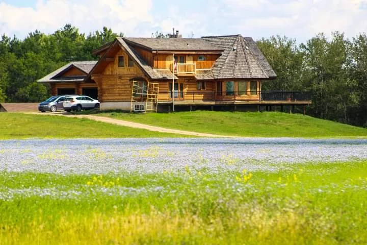 Wooden house with A-frame roof surrounded by green grass and trees, two parked cars, and a sandy path leading to the entrance.