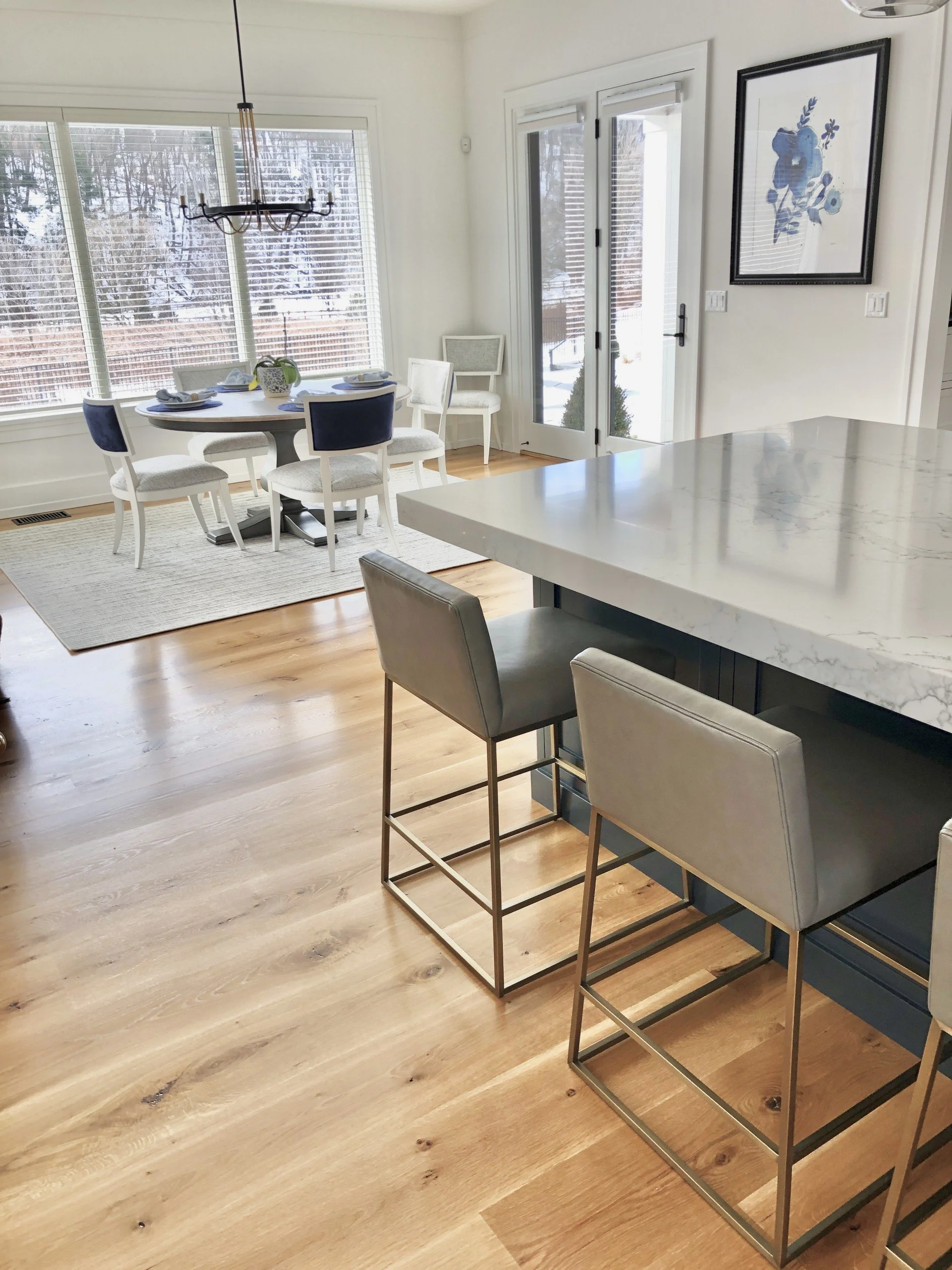 interior design ethan allen kitchen island leather  barstools and breakfast nook dining table and chairs black white and blue